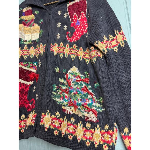 Vintage 90s Christmas Stocking Embroidered Zip-Up Sweater – Women’s Medium - Picture 5 of 6